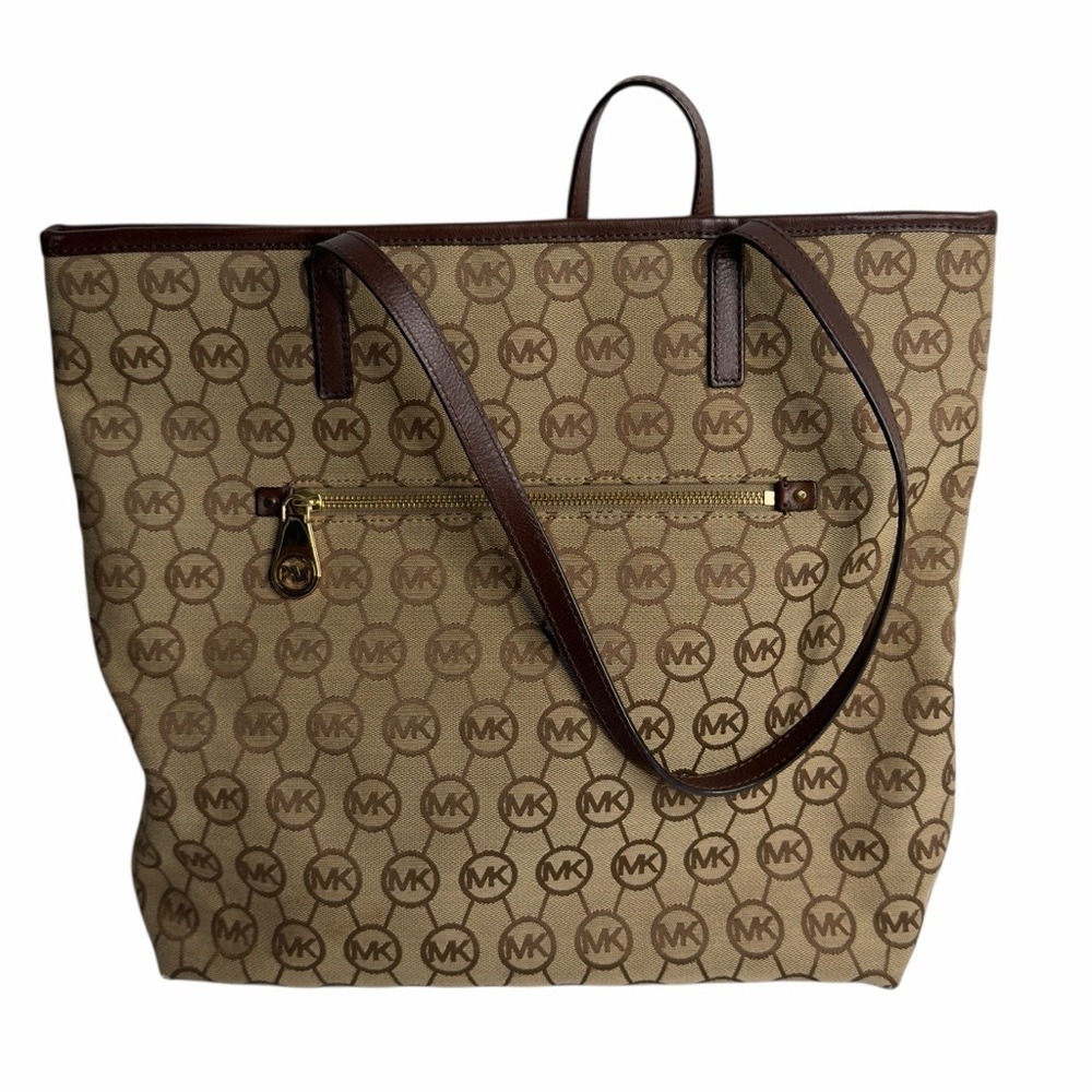 Michael Kors MK Signature Jacquard Large Tote Bag Brown Khaki Monogram